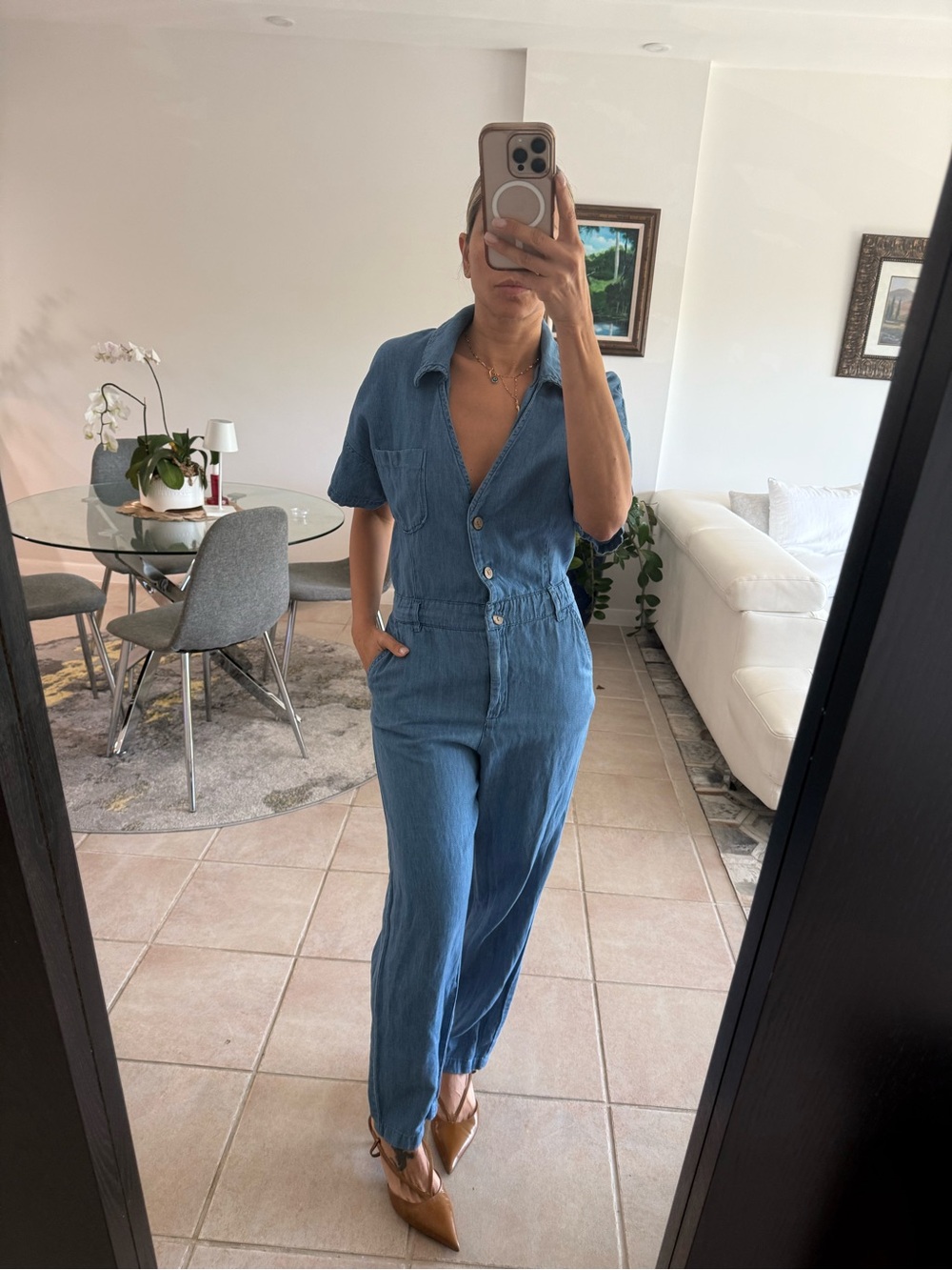 Zara Blue Denim-Style Short Sleeve Jumpsuit